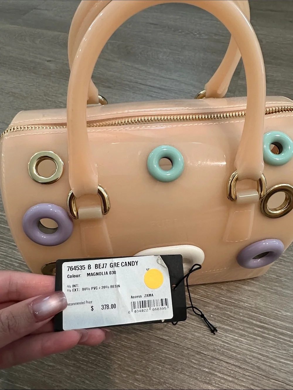 Furla Peach Glossy Vinyl Top-Handle Satchel with Pastel Ring Accents